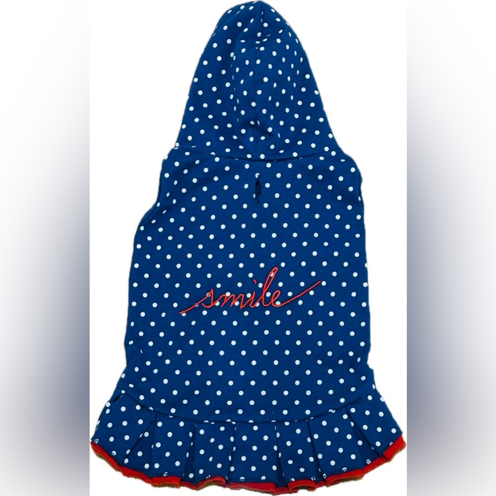 "Smile" Ellen DeGeneres Red and Blue Polka Dot Hoodie Dog Outfit